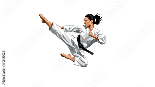 Dynamic martial artist performing high kick in karate gi on white background