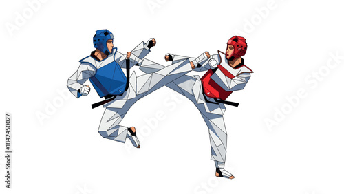Dynamic geometric taekwondo fighters in mid-action kick with bold colors