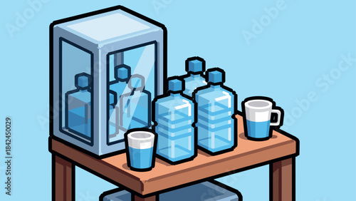 Isometric water dispenser and bottles on table with coffee mugs