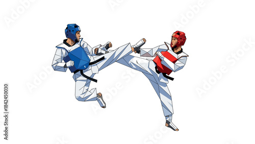 Dynamic geometric taekwondo fighters in mid-kick with protective gear