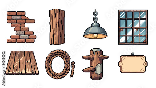 Rustic set of brick wall, wooden log, hanging light, window, rope and other elements