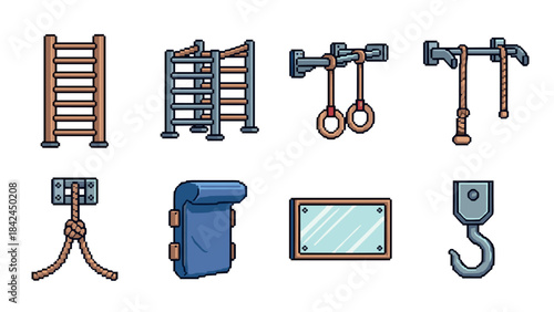 Pixel art gym equipment icons: wall bars, ropes, rings, and hooks for fitness illustrations
