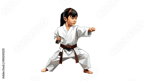 Low poly karate kid in white gi striking a pose with focused expression