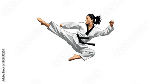Dynamic martial artist performing a high kick in karate gi with black belt