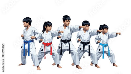 Karate practitioners in action pose with belts, diverse group in martial arts stance