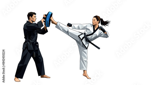 Martial arts training: male instructor and female student in dynamic pose