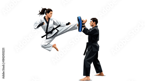 Martial arts training: dynamic kick in motion with low poly style