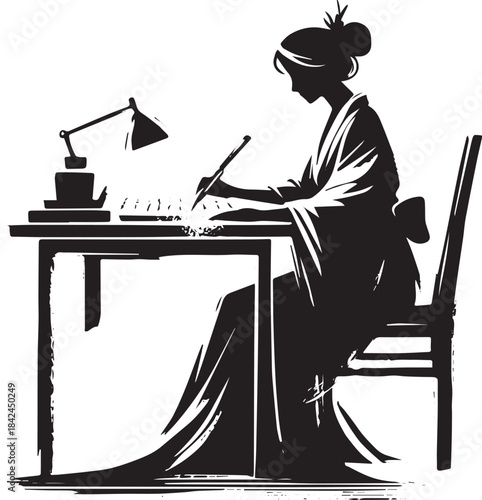 Silhouette of a contemplative woman writing poetry at her desk i