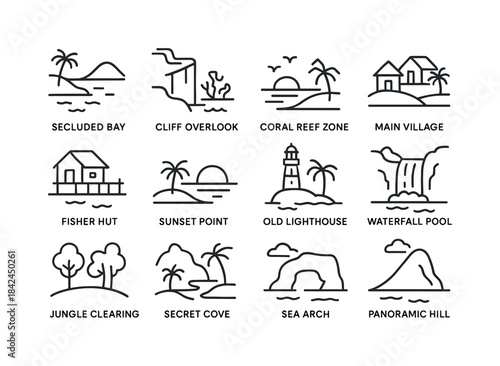 Island Icon Set. Island destinations. Line icon set of island de