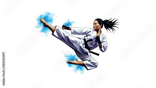Dynamic martial artist in mid-kick with abstract blue energy burst