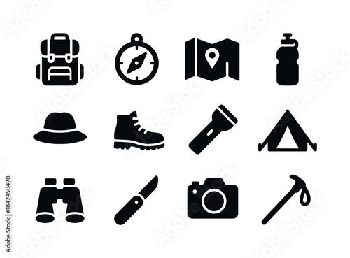 Travel Gear Icons. Travel Gear. Solid icon set of Travel Gear: b
