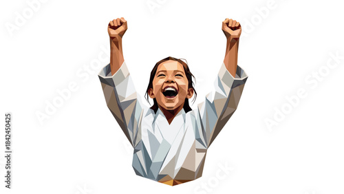 Polygonal art of happy child in karate uniform celebrating victory