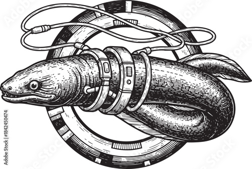 Engraved depiction of an eel entangled in technological apparatu