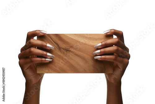 Woman hands holding wooden board shiny nails isolated on a transparent background