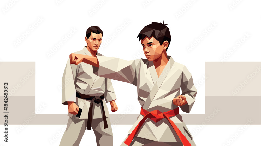 Obraz premium Dynamic martial arts scene with karate practitioners in low poly style