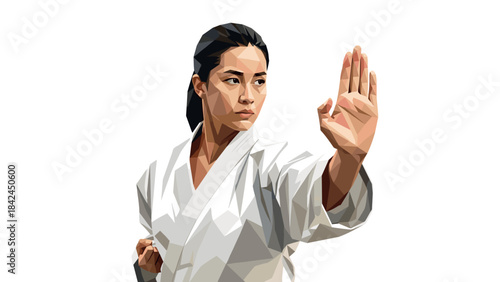 Low poly martial artist in karate pose on white background