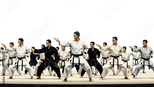 Geometric martial artists practicing karate in low poly style