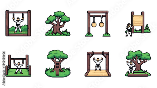Pixel art martial arts and outdoor training elements collection