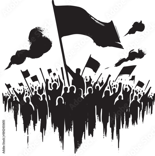Ink wash painting illustrating a united crowd protesting with ra