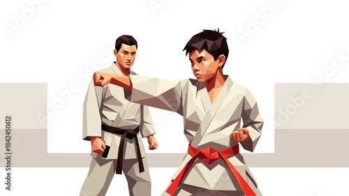 Dynamic martial arts scene with karate practitioners in low poly style