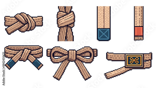 Retro pixel art rope knots and bow ties collection in beige tones