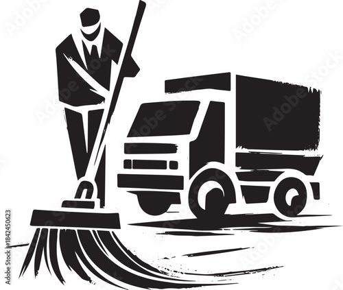 Minimalist depiction of a street sweeper and truck, sumi-e style