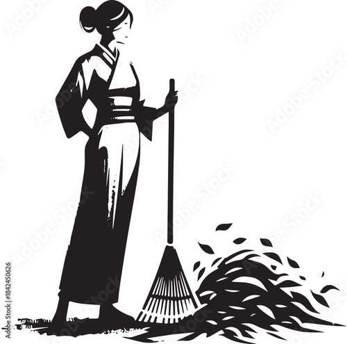 Elegant woman raking leaves in a minimalist sumi-e style illustr