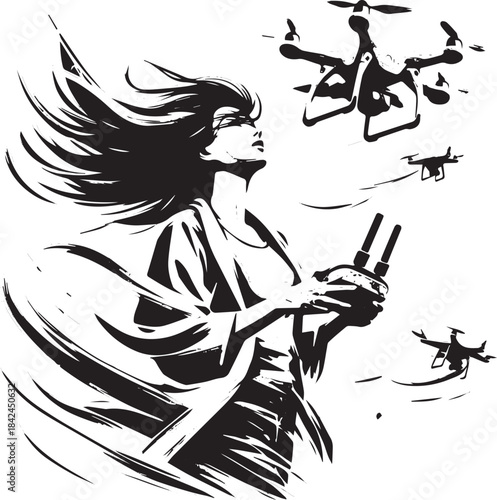 Monochrome illustration of a woman losing control of her drones