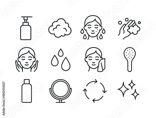 Face Cleansing Icons. Face cleansing routine. Line icon set of f