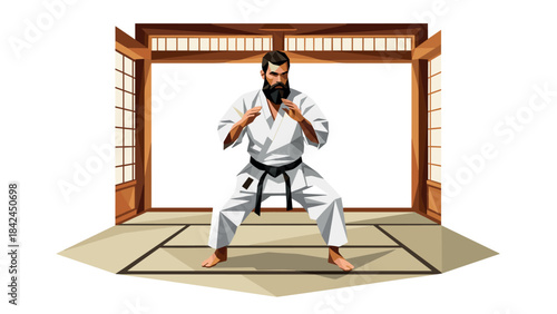 Karate master in traditional dojo setting with wooden screen in geometric style