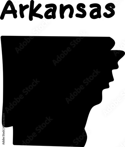 Black silhouette map of the US state of Arkansas on a white background. Simple vector design for education, geography, or graphic use.