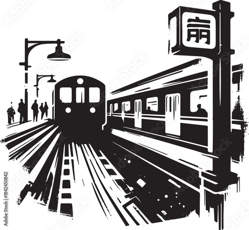 Monochrome depiction of an urban railway station with train arri