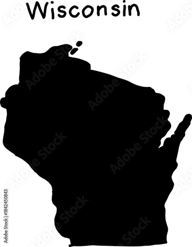 Black silhouette map of the US state of Wisconsin on a white background. Simple vector design for education, geography, or graphic use.