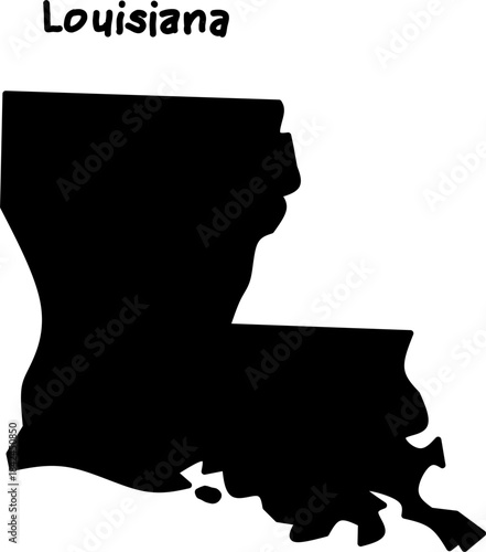 Black silhouette map of the US state of Louisiana on a white background. Simple vector design for education, geography, or graphic use.