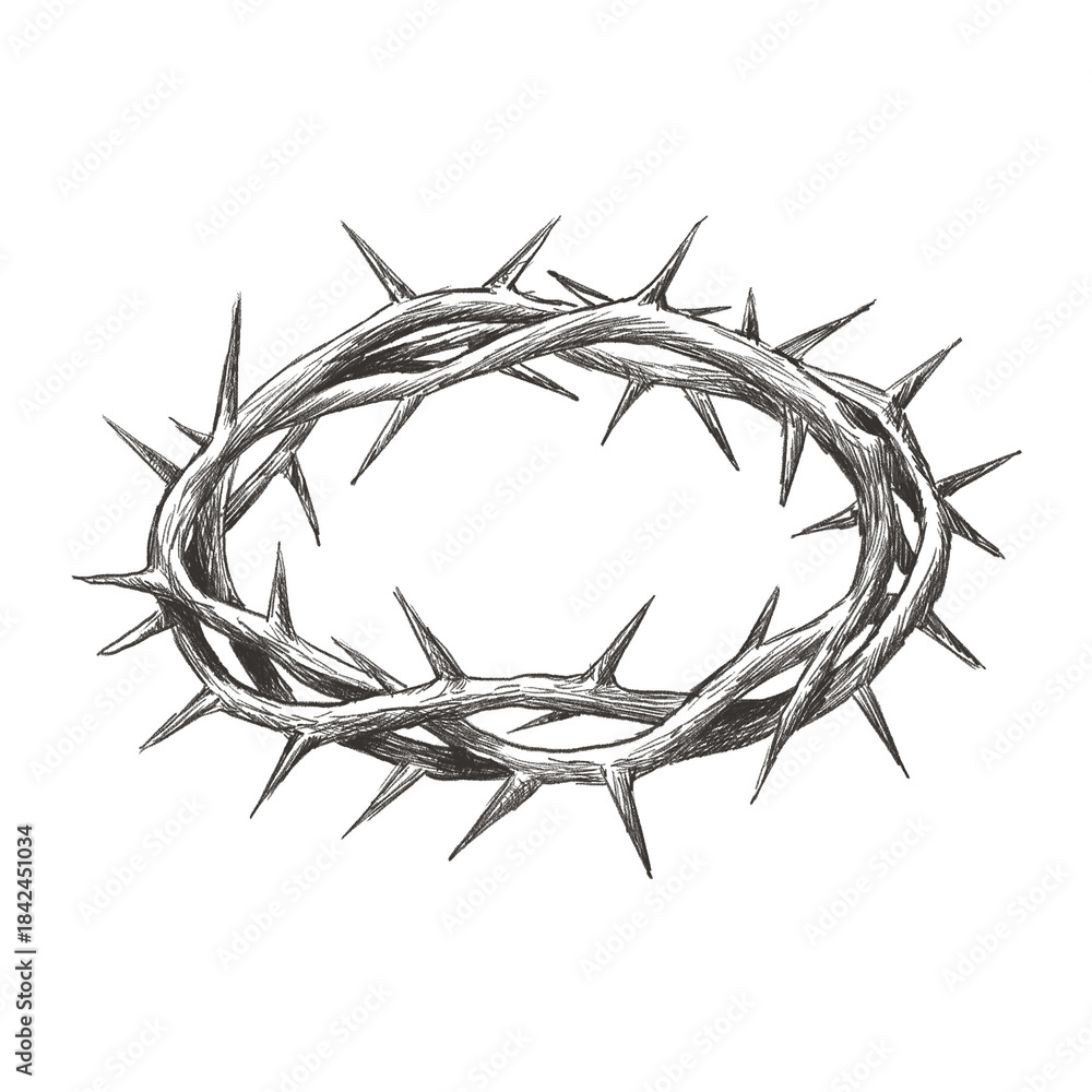 Fototapeta premium Crown of thorns Freehand illustration isolated on white background. Texture of writing materials. Handwritten pencil strokes. Hand drawn christian biblical line art. Christianity symbol. 