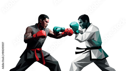 Polygonal martial arts fighters in action pose on white background