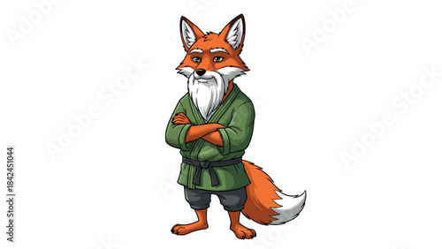 Wise elder fox character in green tunic and black belt on white background