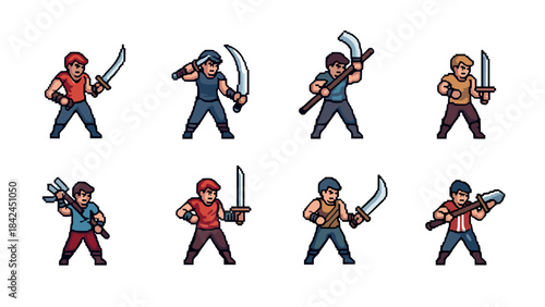Pixel art warriors: diverse poses with swords and axes