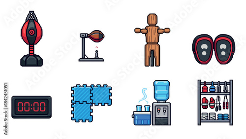 Pixel art gym equipment set: punching bag, dummy, timer, water cooler, shelving and more