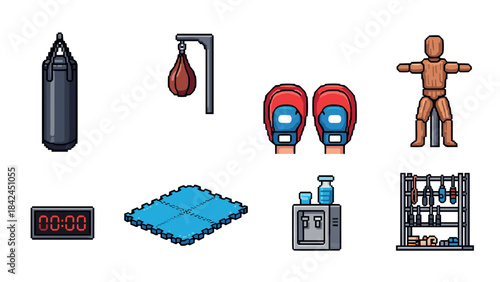 Retro pixel art gym equipment icons featuring punching bag, boxing gloves, and more