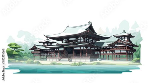 Traditional japanese temple by water with forest background in flat design