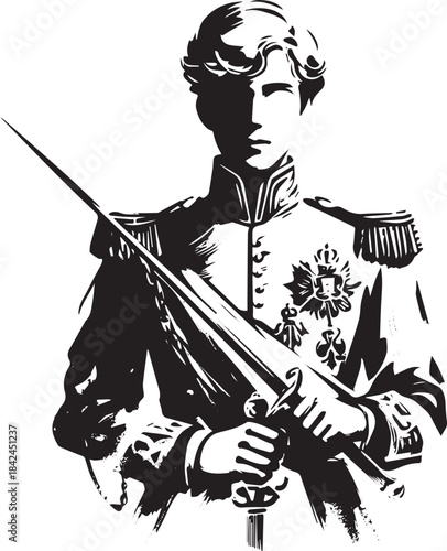 Young royal's portrait, sumi-e style, showcasing rapier and rega