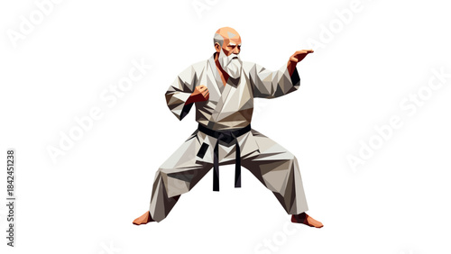 Geometric martial artist in traditional karate pose on white background