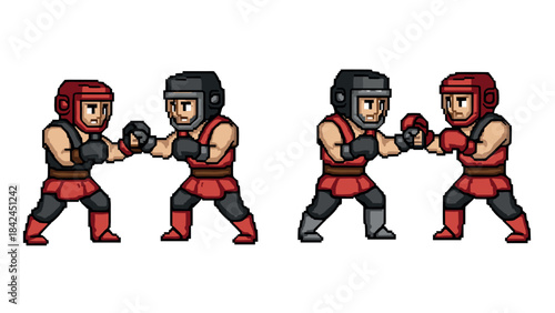Retro pixel art boxers in combat stance on white background