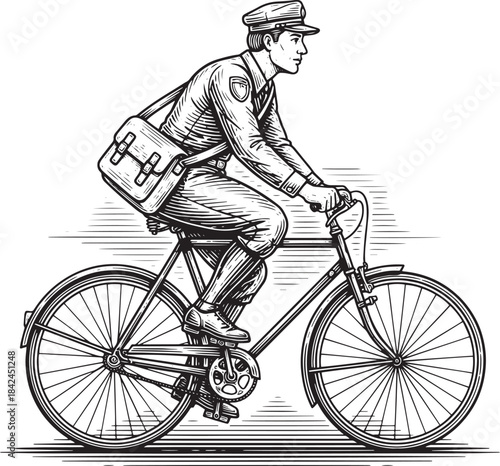 Vintage Engraving Illustration of Mailman on Bicycle Delivering