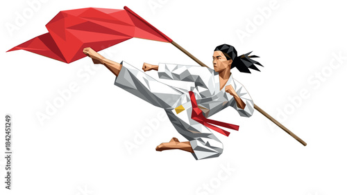 Low poly martial artist performing high kick with flag