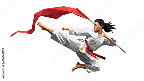 Dynamic polygonal martial artist performing high kick with red ribbon