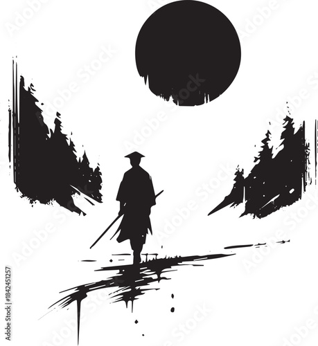 Ink wash landscape featuring a lone warrior navigating a sparse