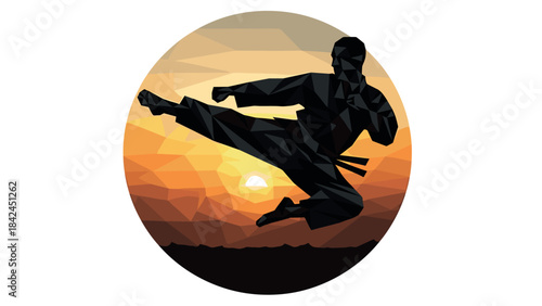 Polygonal martial artist silhouette kicking against sunset circle background