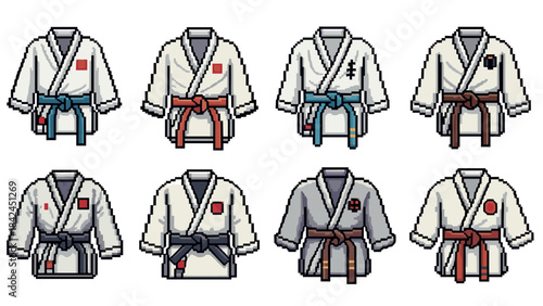 Pixel art martial arts uniforms collection with colorful belts